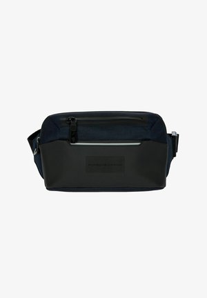 Zwart en marineblauw crossbodytasje met een textielstof, glad paneel, voorvak met rits en verstelbare riem.