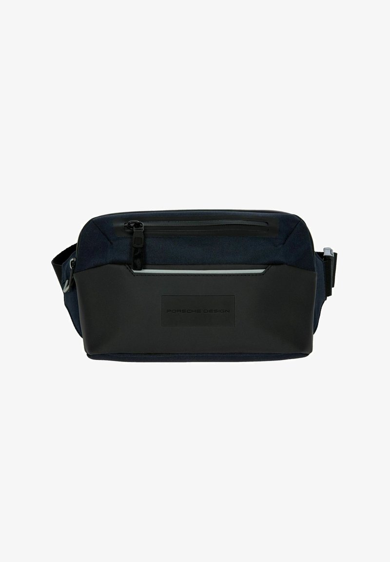 Borsa a tracolla nera e blu navy con corpo in tessuto testurizzato, pannello liscio, tasca frontale con zip e tracolla regolabile.