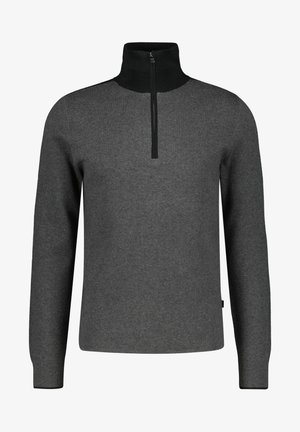 Pull gris à col montant et fermeture éclair demi-longue à l'avant. Fabriqué en tissu texturé, il comporte des poignets et un ourlet côtelés pour un look ajusté.
