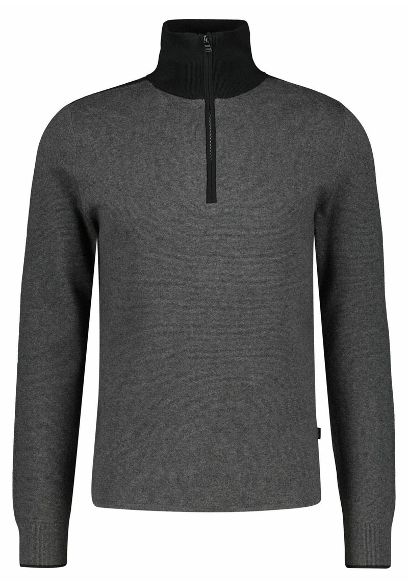 Grå tjocktröja med hög krage och halvdragkedja framtill. Tillverkad av strukturerat tyg, med ribbade ärmslut och nederkant för en åtsittande look.