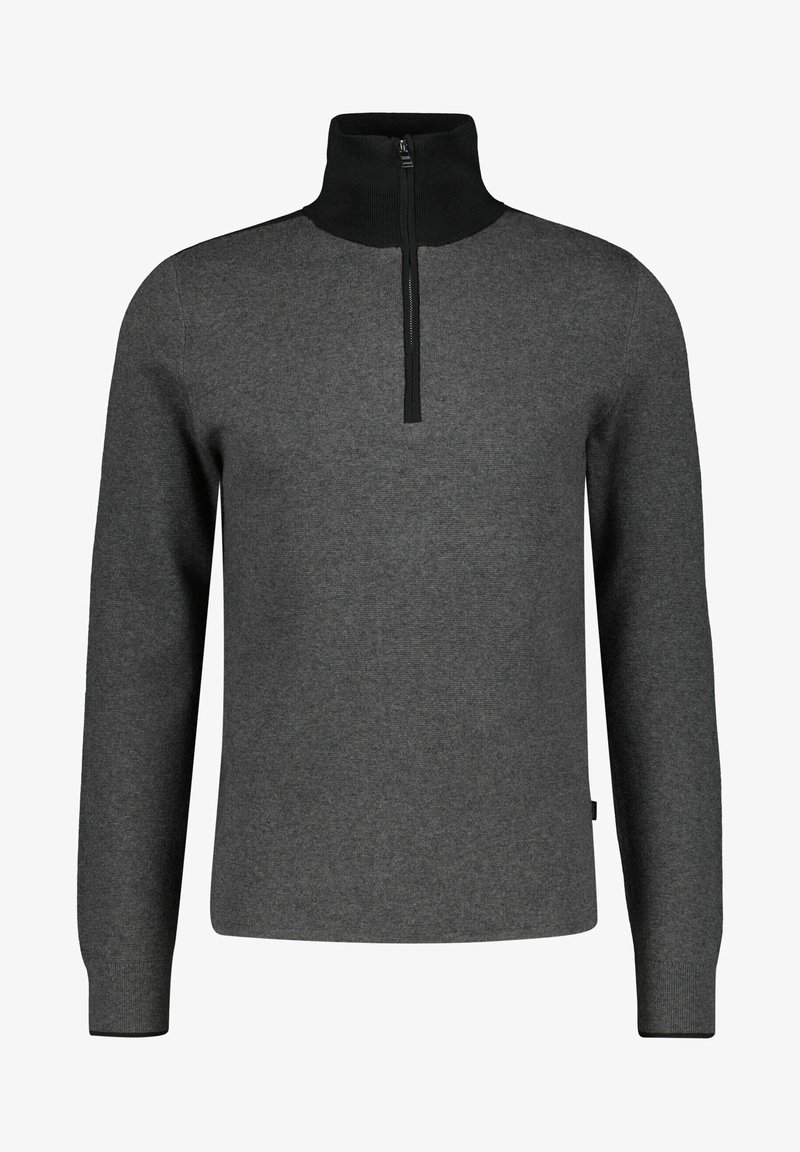 Grå tjocktröja med hög krage och halvdragkedja framtill. Tillverkad av strukturerat tyg, med ribbade ärmslut och nederkant för en åtsittande look.