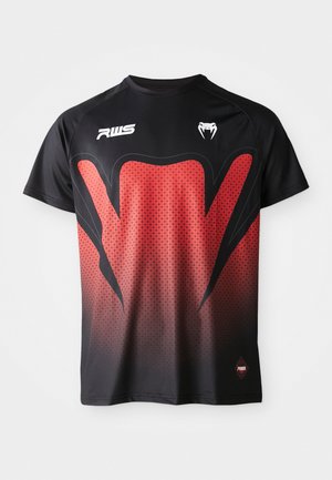 Black and red short-sleeved t-shirt with a geometric pattern, featuring a large red graphic and logo on the chest.