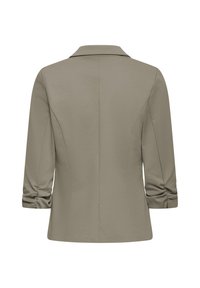 Blazer taupe pour femme avec manches 3/4 froncées, vu de dos sur fond blanc.
