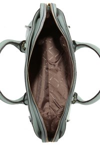 Mátově zelená kožená kabelka se zipovým uzávěrem, dvojitými rukojeťmi a hnědým interiérem s logem.