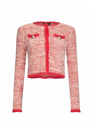 Cardigan cropped rosso e bianco con macchie, maniche lunghe, bordi sfrangiati, due tasche frontali e bottoni argentati lucidi. Tessuto morbido.