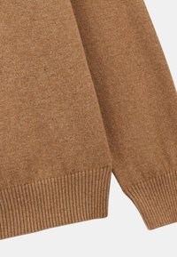 Pull marron en tricot, avec un ourlet et des poignets côtelés. Texture lisse avec des variations de couleur subtiles.