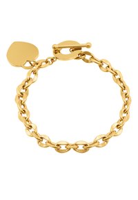 Bracciale in oro con maglie ovali, dotato di un charm a forma di cuore e di una chiusura a gabbietta. Texture liscia con finitura lucida.