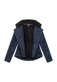 Giacca di un blu navy texturizzata con un interno nero e peloso. Presenta un ampio colletto, un'apertura frontale inclinata e un motivo sobrio su tutta la stoffa.