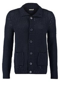 Tmavě modrý pletený kardigan s dlouhými rukávy, knoflíkovým zapínáním, dvěma předními kapsami a žebrovaným límcem a manžetami.