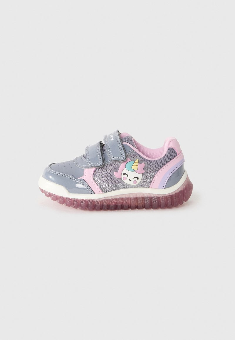 Gray and pink children's sneakers with mesh and shiny accents, featuring a unicorn design. Secure with two Velcro straps. Rubber sole.