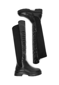 Cizme negre până la genunchi, realizate dintr-un amestec de piele și țesătură, cu o formă structurantă, fermoar lateral și panouri texturate pentru contrast.