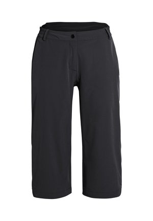 Pantalon noir court avec fermeture à bouton, passants de ceinture et coupe droite, présenté sur un fond blanc.