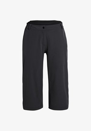 Pantalon noir court avec fermeture à bouton, passants de ceinture et coupe droite, présenté sur un fond blanc.