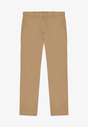 Beige chinos med rett ben-design, med to frontlommer, glidelåsgylf og et glatt bomullsstoff. Ingen synlige mønstre eller detaljer.