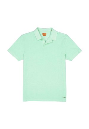 Mint green polo shirt with a classic collar, short sleeves, and a textured fabric. Features a small logo tag on the hem.