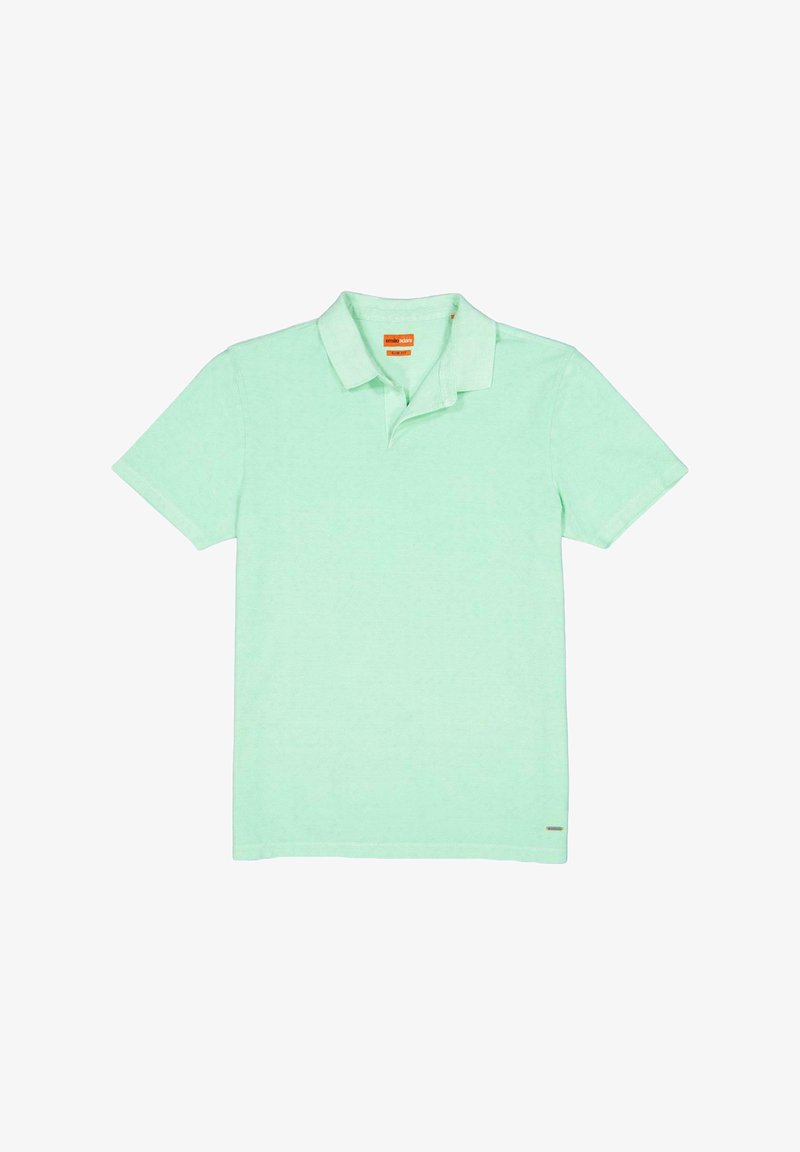 Mint green polo shirt with a classic collar, short sleeves, and a textured fabric. Features a small logo tag on the hem.