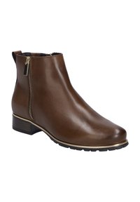 Braune Leder-Ankle Boots mit runder Zehenpartie, seitlichem Reißverschluss mit goldenen Akzenten und mittelhohem Blockabsatz, ausgestattet mit einer strukturierten Gummisohle.
