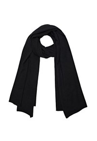 Black scarf made of soft fabric, featuring a long, rectangular shape with smooth texture and no visible patterns or accents.