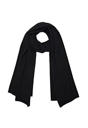 Black scarf made of soft fabric, featuring a long, rectangular shape with smooth texture and no visible patterns or accents.