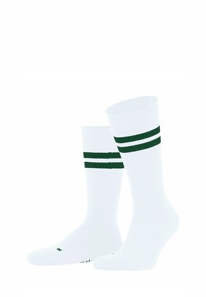 Chaussettes en coton blanches avec deux rayures horizontales vertes près du haut, texture côtelée et orteil renforcé, adaptées pour un usage décontracté.