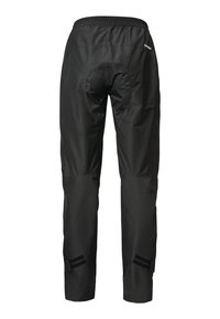 Schwarze wasserfeste Hose mit elastischem Bund, verstärktem Gesäßbereich und Klettverschluss-Akzenten an den Knöcheln für eine verstellbare Passform.