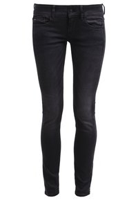 Jeans ajustados negros con bolsillos delanteros y traseros, cierre de botones y trabillas para cinturón, mostrados sobre un fondo blanco.