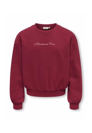 Sweat-shirt bordeaux col rond avec poignets et ourlet côtelés, comportant un texte en écriture blanche "Christmas Time" centré sur la poitrine.