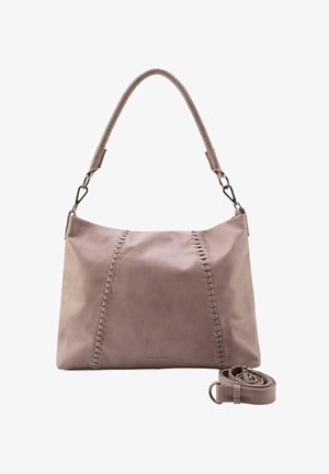Borsa a tracolla in pelle rosa con design cucito, texture liscia e tracolla regolabile. Presenta una forma strutturata e dettagli in metallo.