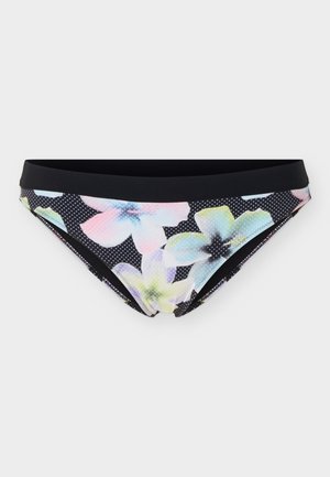 Crni bikini donji dio s velikim pastelnim višebojnim cvjetnim uzorkom i bijelim točkicama, s crnim jednobojnim pojasom.