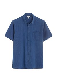 Cămașă cu mâneci scurte, cu nasturi, de culoare albastru închis, cu dungi verticale. Dispune de un buzunar pe piept și de un guler obișnuit. Fabricată din bumbac moale, texturat.