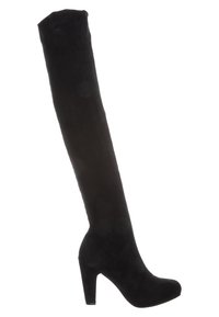 Czarne, za kolano, buty wykonane z sztucznego zamszu, z okrągłym noskiem i wysokim słupkowym obcasem. Gładka tekstura, bez widocznych detali.