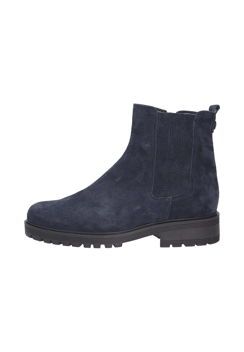 Stivaletto in camoscio blu navy con pannelli laterali elasticizzati, linguetta per indossarlo e suola in gomma nera texturizzata. Design classico Chelsea con silhouette affusolata.