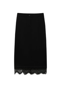 Falda lápiz negra con una textura suave, que cuenta con un dobladillo decorativo de encaje. Incluye un botón frontal y bolsillos laterales para funcionalidad.