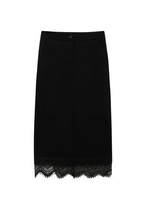 Czarna ołówkowa spódnica o gładkiej fakturze, z ozdobnym koronkowym dołem. Posiada guziki z przodu oraz boczne kieszenie dla wygody użytkowania.