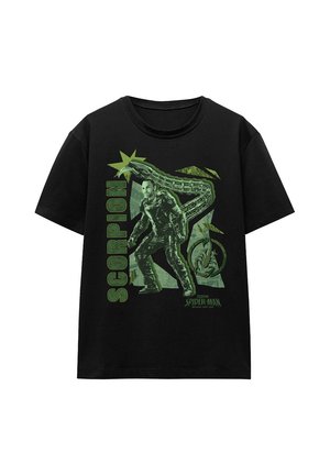 Black t-shirt with green graphic of Marvel's Scorpion character, including a man in a suit and a large mechanical scorpion tail.