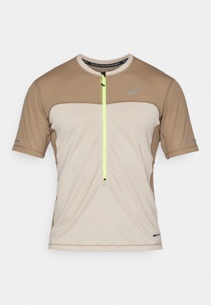 Short-sleeve athletic shirt featuring a beige and light brown color scheme, mesh texture, and a front zipper with a striking neon yellow pull.