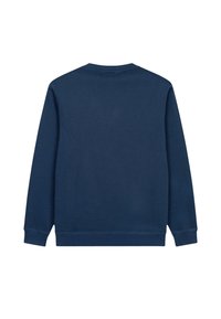 Sudadera azul marino de manga larga, con cuello redondo y puños y dobladillo de canalé. Textura suave, sin patrones ni elementos metálicos visibles.