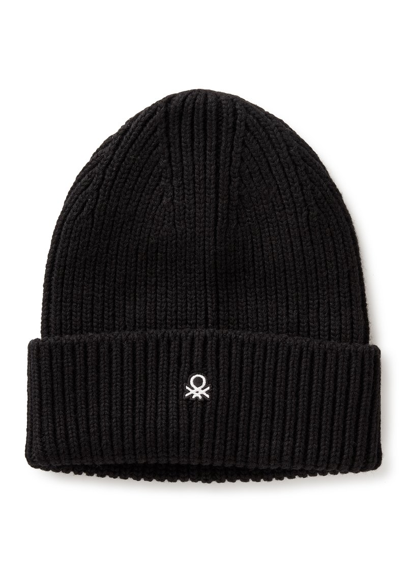 Gorro de punto negro con una textura acanalada. Presenta un puño doblado y un pequeño logo de pulpo bordado en blanco en la parte frontal.