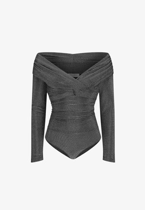 Off-shoulder langwerpige mouw bodysuit in donkergrijze stof met een subtiele glans, met verzameldetail en een getailleerde silhoeët.