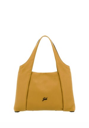 Borsa in pelle color giallo senape con due manici, base rettangolare e piccolo logo nero centrato vicino al fondo.