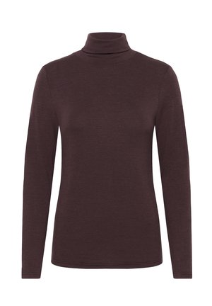 Pruun, pika varrukaga kõrge kaelusega turtleneck pluus, mis on valmistatud pehmest kangast, sobitatud disainiga ja sileda tekstuuriga, ilma kaunistusteta.