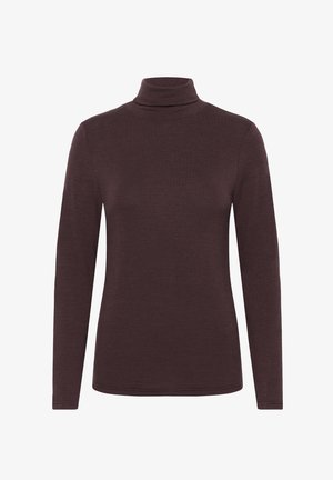 Pruun, pika varrukaga kõrge kaelusega turtleneck pluus, mis on valmistatud pehmest kangast, sobitatud disainiga ja sileda tekstuuriga, ilma kaunistusteta.