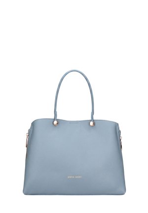 Lichtblauwe leren tote tas met dubbele handvatten, gouden hardware en een subtiel "pierre cardin" logo middenvoor.