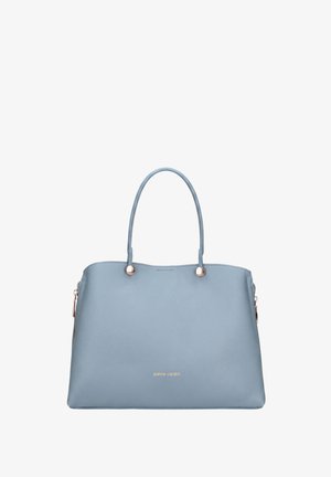 Borsa tote in pelle azzurro chiaro con doppio manico, finiture in oro e logo "pierre cardin" discreto al centro davanti.