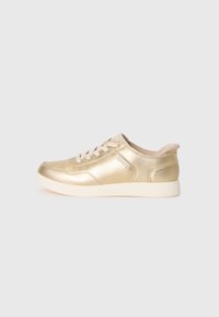 Low-top metallic gold sneaker with beige laces, perforated side panel, and white cushioned sole on plain background.
