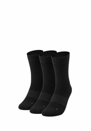 Trois paires de chaussettes noires montantes présentées debout, avec bord-côte côtelé et renforts aux orteils et au talon.