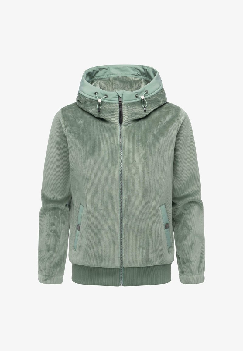 Grüne Cordjacke mit Kapuze, Frontreißverschluss und Seitentaschen. Merkmale sind der strukturierte Stoff und die kontrastierenden grünen Akzente.