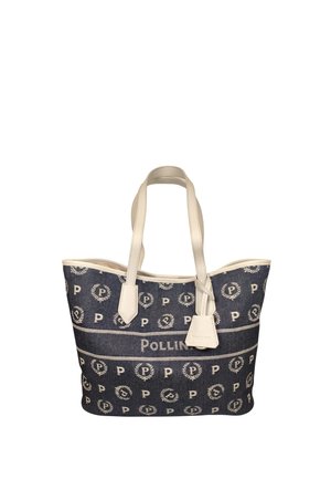 Borsa tote Pollini blu e bianca con motivo a ripetizione del logo "P", manici color crema e una targhetta coordinata attaccata a una delle maniglie.