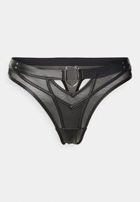 String noir en mesh et cuir synthétique, avec un design en V, des accents en forme d'anneau et une taille contrastante.