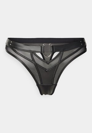 Black thong made from mesh and faux leather, featuring a V-shaped design, ring accents, and a contrasting waistband.